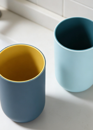 Reusable Plastic Bathroom Tumbler Set | Toothbrush Cups | Light and Navy Blue (set of 4)