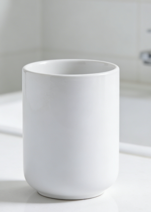 White Ceramic Handleless Bathroom Mug | Toothbrush Holder and Cup (set of 7)