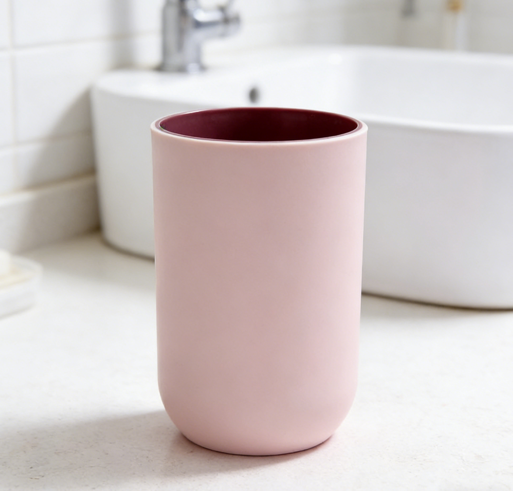 Reusable Plastic Bathroom Tumbler Set | Toothbrush Cups | Light Pink and Grey (set of 4)
