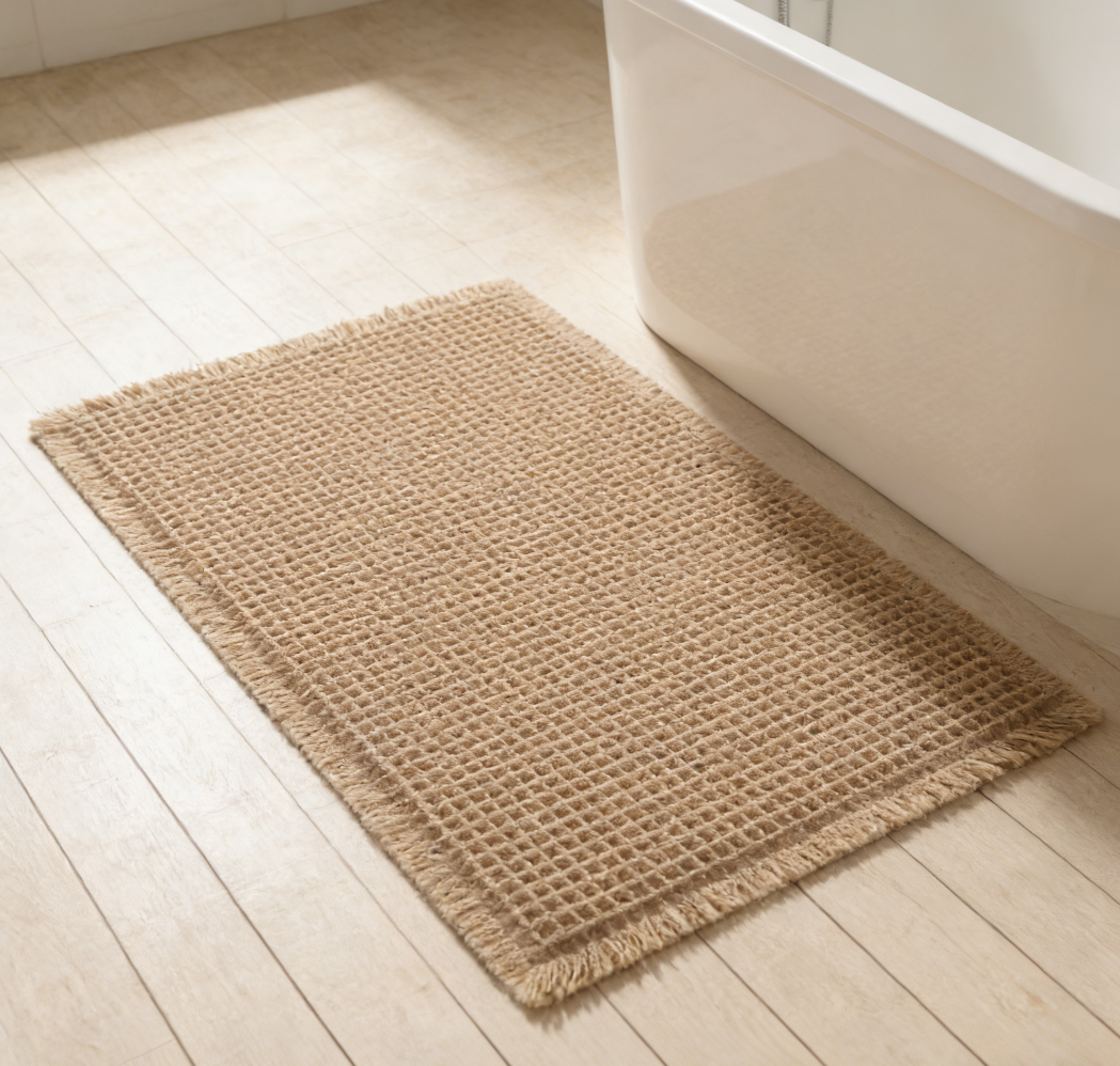 Waffle Texture Bathroom Mat with Tassels | Absorbent Washable Floor Rug | Brown (set of 4) - Image 2