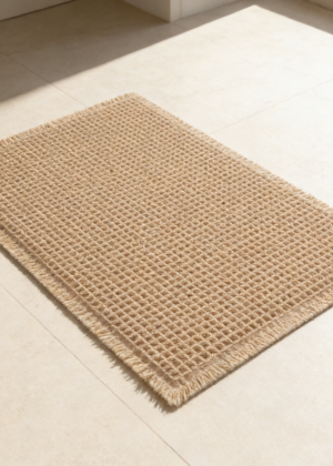 Waffle Texture Bathroom Mat with Tassels | Absorbent Washable Floor Rug | Brown (set of 4)