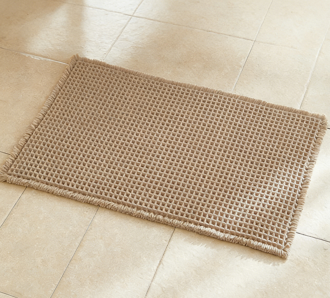Boho Waffle Bathroom Mat | Washable Absorbent Quick-Dry Floor Rug | Khaki (set of 2)