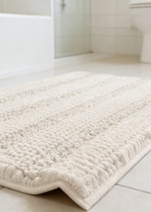 Striped Chenille Bathroom Mat Set | Plush Absorbent Wash Rugs | Ivory (set of 4)