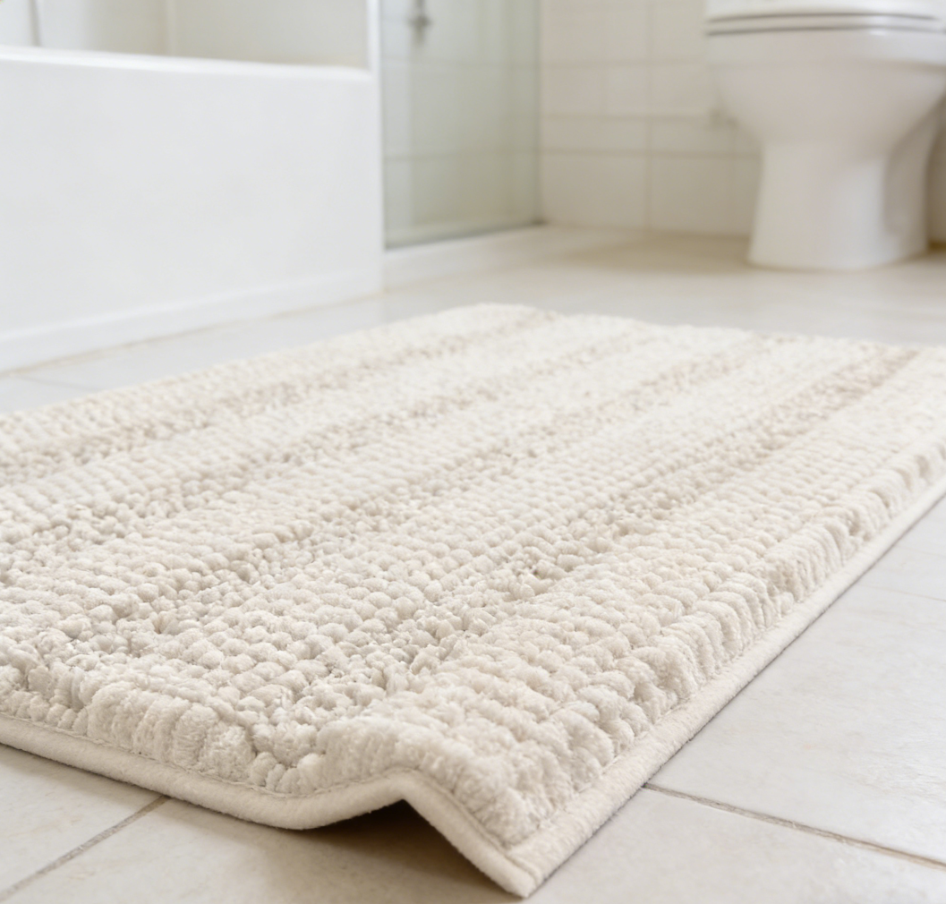 Striped Chenille Bathroom Mat Set | Plush Absorbent Wash Rugs | Ivory (set of 4)