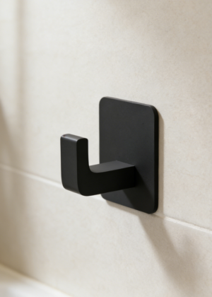 Square Adhesive Bathroom Towel Hooks | Matte Black Metal Wall Hangers (set of 8)