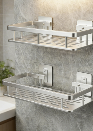 Rectangular Wall-Mounted Bathroom Shelf | Aluminium and Steel Shower Organiser