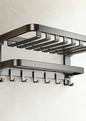 Foldable Wall-Mounted Bathroom Towel Rack with Double Bar and Hooks | Matte Grey