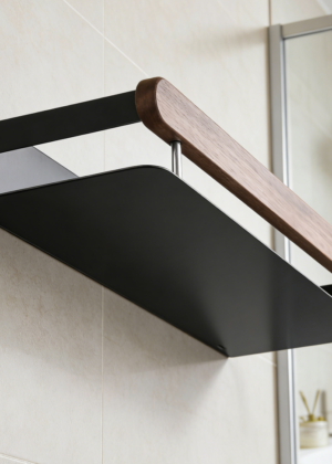 Wall-Mounted Wood Accent Bathroom Storage Shelf | Black Metal Frame Organiser Rack